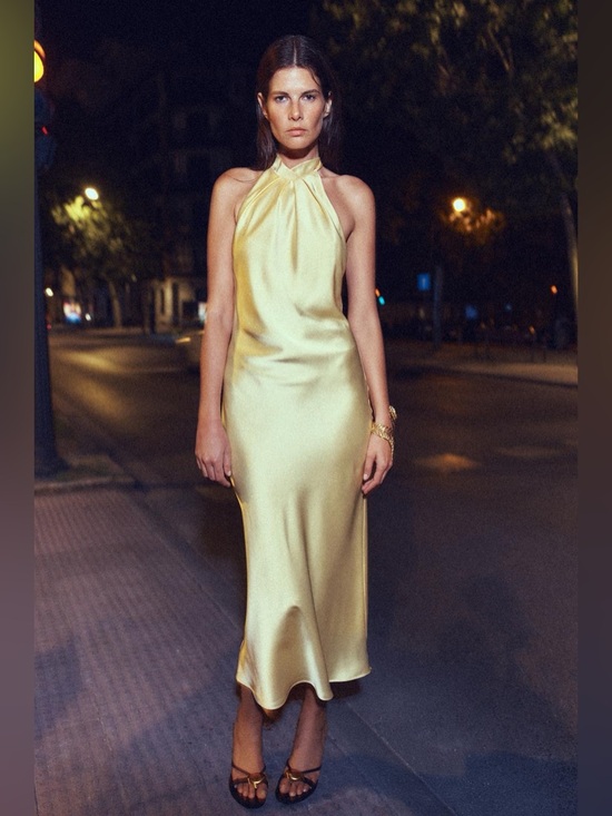 Zara butter Yellow Backless Halter maxi Dress holiday evening wedding - Picture 12 of 16